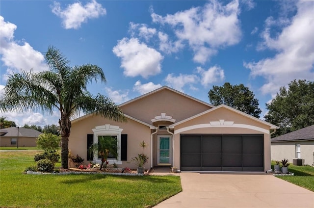 view of front of house featuring concrete driveway, a front yard, stucco siding, cooling unit, and an attached garage