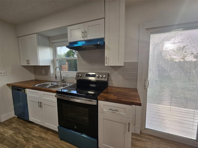 kitchen with stainless steel range with electric stovetop, butcher block countertops, white cabinetry, and dishwasher