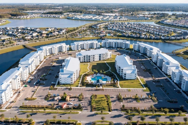 bird's eye view with a water view