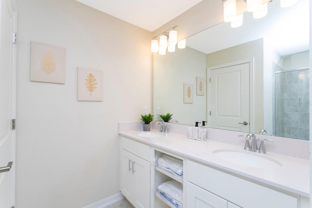 bathroom featuring vanity and a shower with door