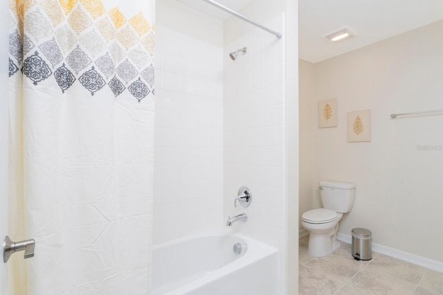 bathroom with shower / bath combination with curtain, toilet, and tile patterned flooring