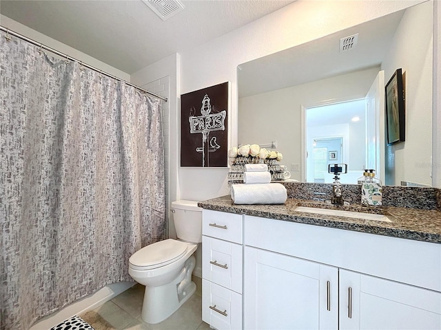 full bath featuring toilet, tile patterned floors, visible vents, and vanity