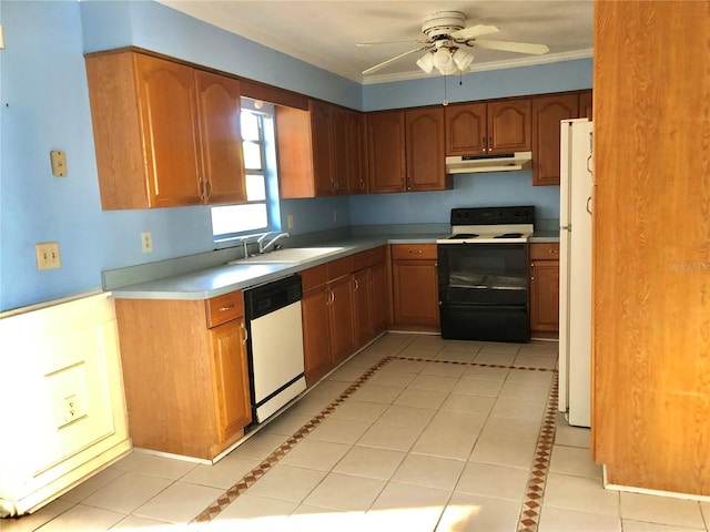 kitchen with ceiling fan, white appliances, sink, and light tile patterned floors