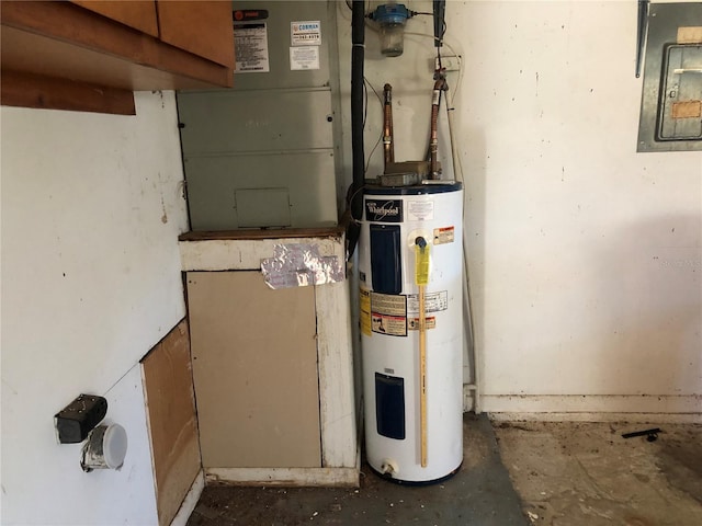 utilities featuring water heater, heating unit, and electric panel