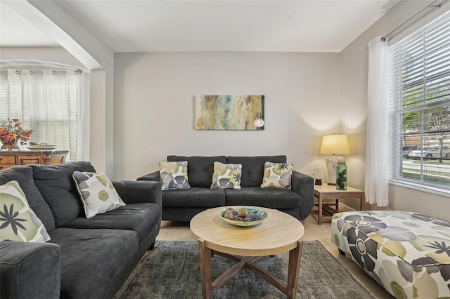 living room featuring a healthy amount of sunlight and tile patterned flooring