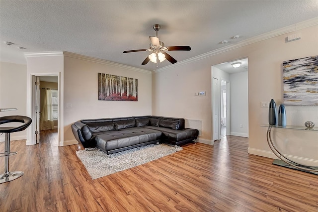 living room with crown molding, hardwood / wood-style flooring, and a textured ceiling