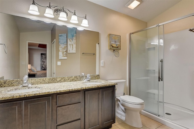 bathroom featuring tile patterned flooring, vaulted ceiling, walk in shower, and toilet