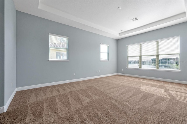 carpeted empty room featuring a raised ceiling, visible vents, and baseboards