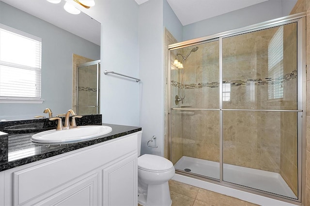 full bathroom featuring vanity, tile patterned flooring, a shower stall, and toilet