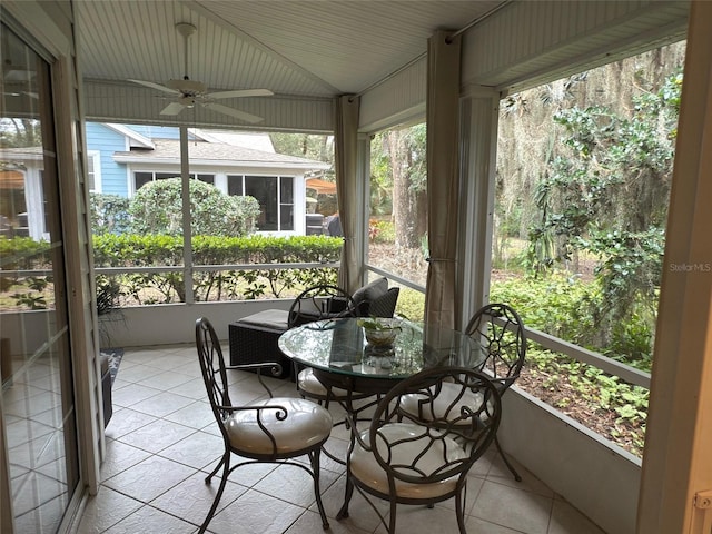 sunroom / solarium featuring ceiling fan