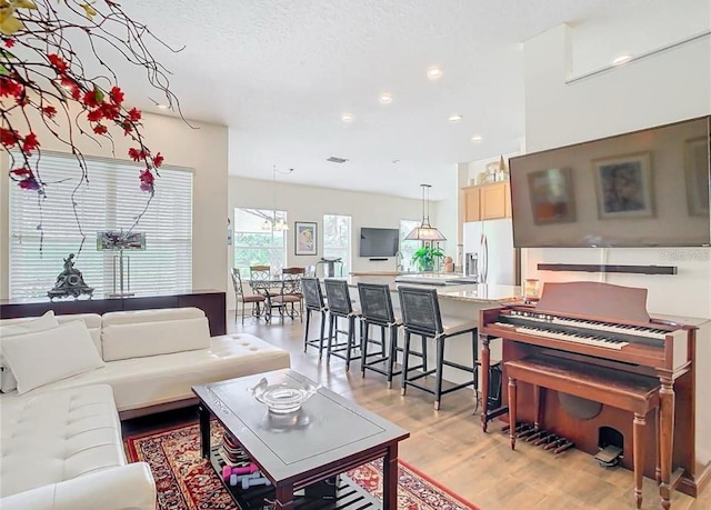 living room with light hardwood / wood-style flooring and a textured ceiling