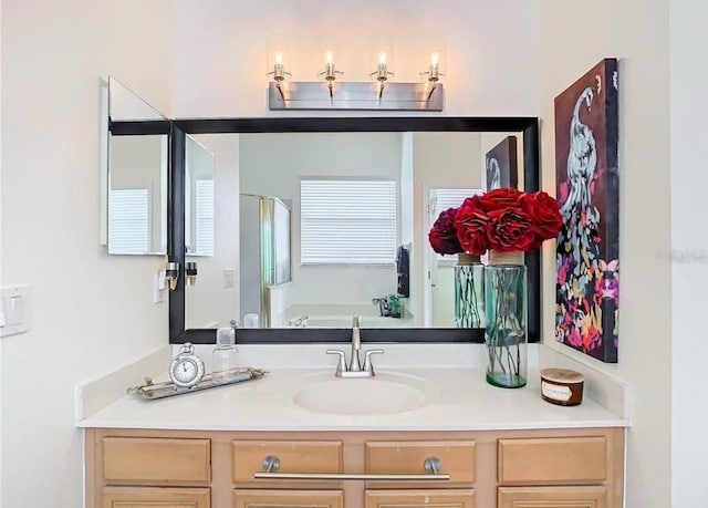 bathroom featuring independent shower and bath and vanity