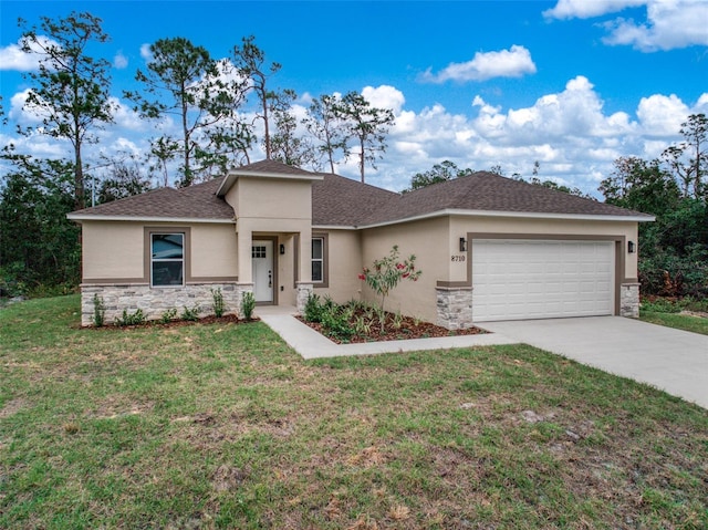 view of front of house featuring an attached garage, stone siding, a front lawn, and stucco siding