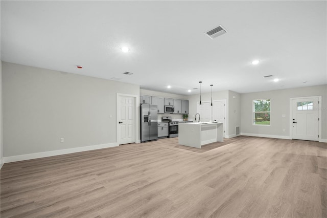 kitchen with stainless steel appliances, light countertops, visible vents, open floor plan, and an island with sink