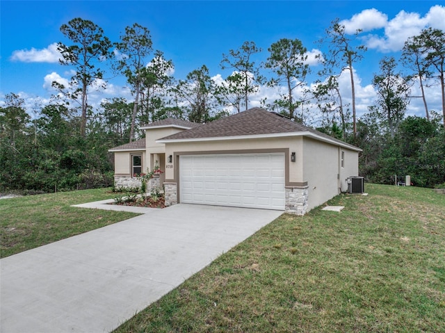 view of front of home with a garage, a front yard, stone siding, and stucco siding