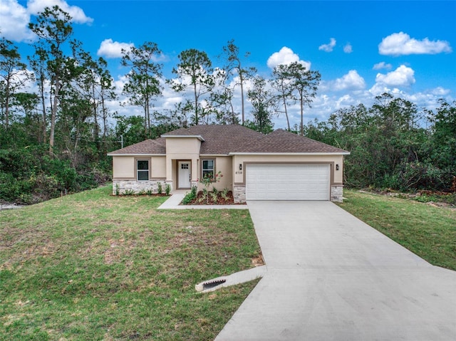 view of front of property with a garage, concrete driveway, stone siding, stucco siding, and a front yard