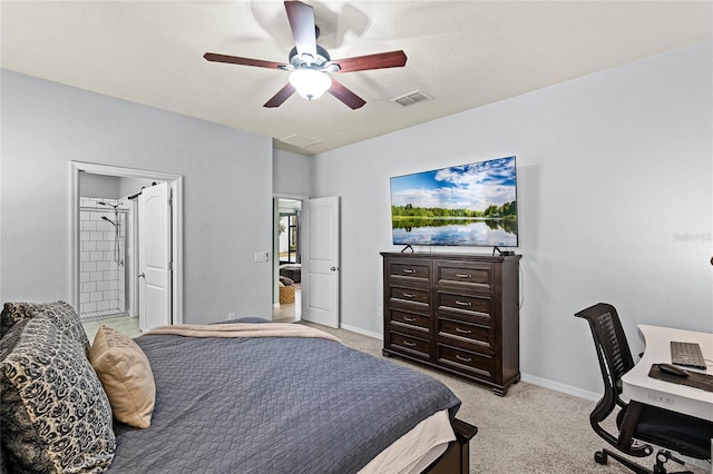 bedroom featuring baseboards, a ceiling fan, visible vents, and light colored carpet