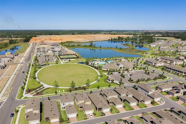 birds eye view of property with a residential view and a water view