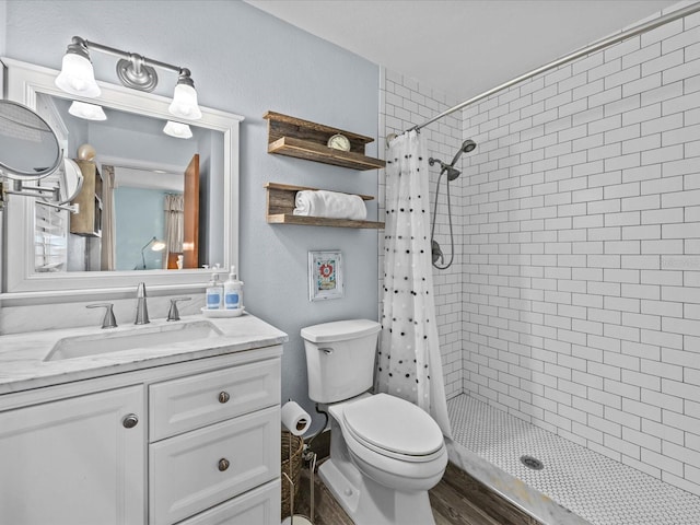 bathroom featuring toilet, a shower with curtain, and vanity