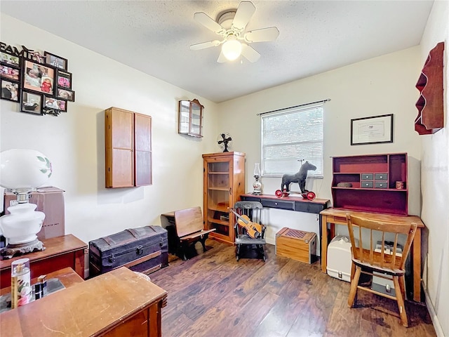 office featuring a textured ceiling, ceiling fan, and dark hardwood / wood-style floors