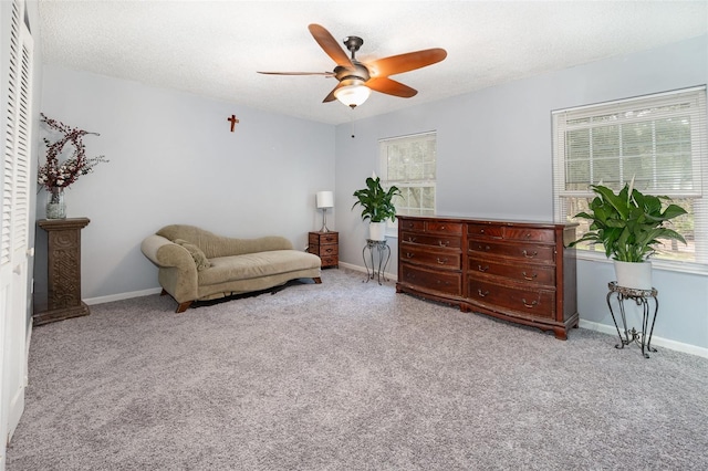 living area featuring a textured ceiling, carpet, and baseboards