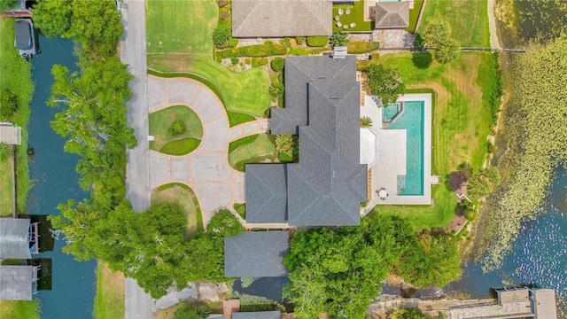 aerial view with a residential view and a water view