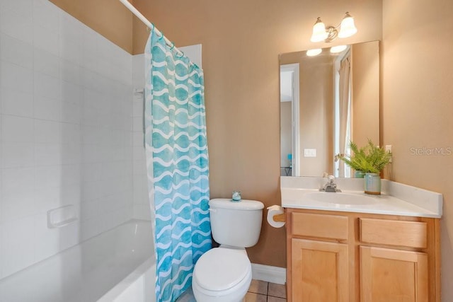 full bath featuring tile patterned floors, toilet, vanity, and shower / bathtub combination with curtain