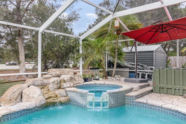 view of pool with an outbuilding, glass enclosure, a storage shed, and a pool with connected hot tub