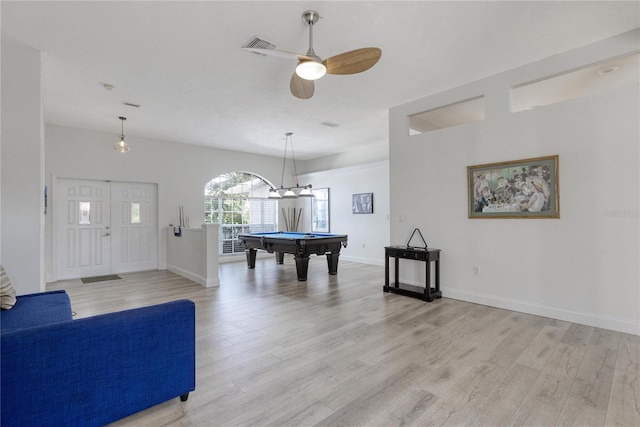 recreation room featuring ceiling fan, light wood-type flooring, and billiards