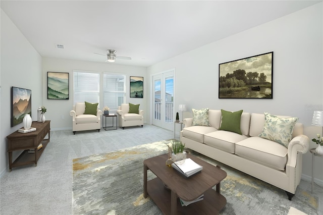 living area with light carpet, baseboards, visible vents, and ceiling fan