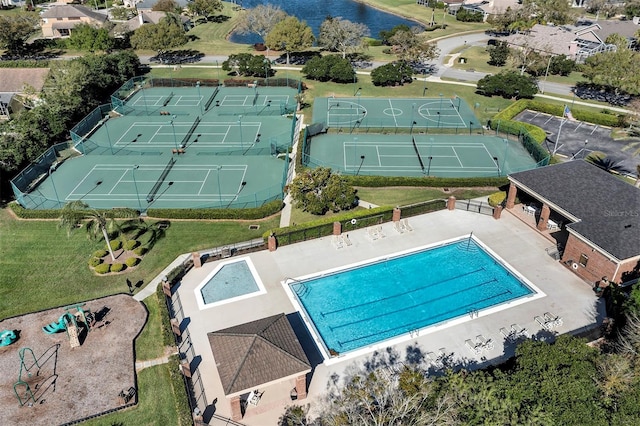 drone / aerial view featuring a water view