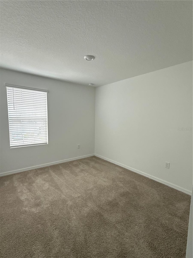 spare room with carpet flooring, a textured ceiling, and baseboards