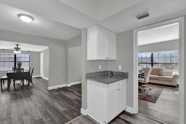 kitchen featuring white cabinets, a healthy amount of sunlight, and dark wood-type flooring