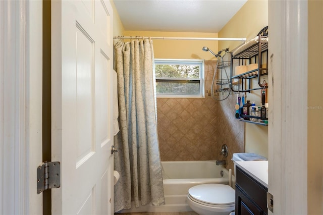 full bathroom with toilet, vanity, and shower / tub combo with curtain