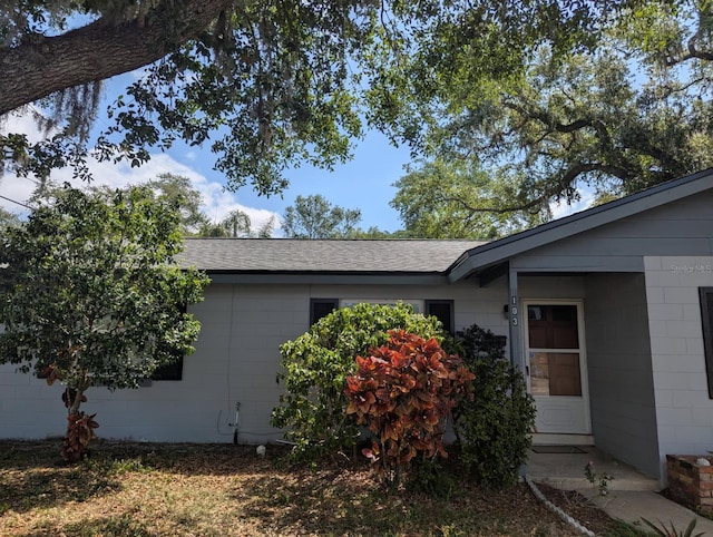 view of side of home featuring concrete block siding and roof with shingles