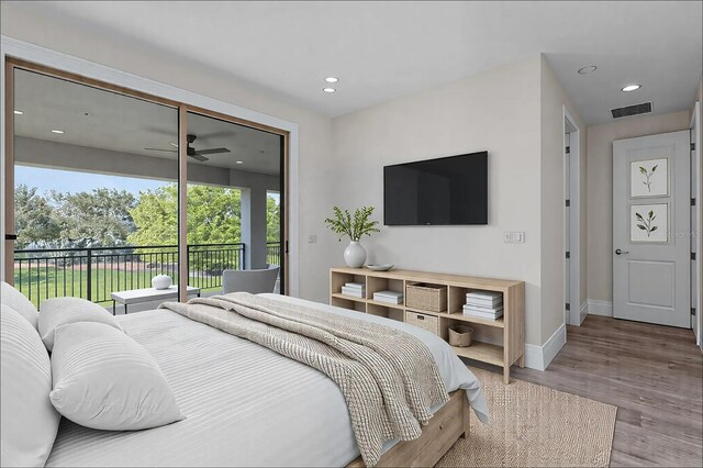 bedroom featuring access to exterior, recessed lighting, visible vents, light wood-style flooring, and baseboards
