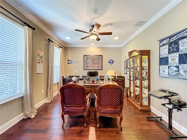 interior space featuring a healthy amount of sunlight, crown molding, and dark hardwood / wood-style floors