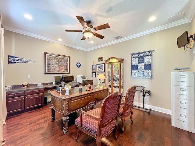 office space featuring ceiling fan, ornamental molding, and dark hardwood / wood-style flooring