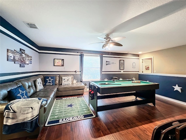 rec room with hardwood / wood-style flooring, pool table, and ceiling fan