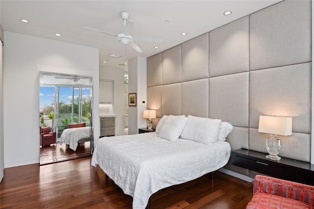 bedroom with recessed lighting, ceiling fan, and hardwood / wood-style flooring