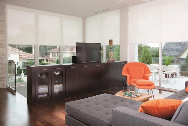living room featuring dark wood-type flooring