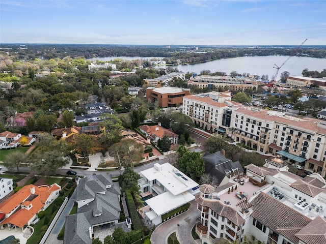 drone / aerial view with a water view