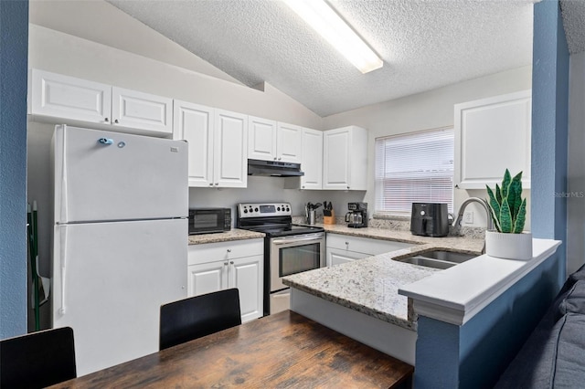 kitchen with black microwave, under cabinet range hood, a sink, freestanding refrigerator, and stainless steel electric range oven