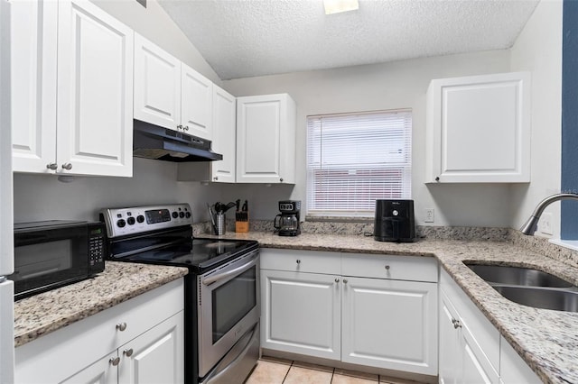 kitchen featuring electric stove, white cabinets, a sink, and under cabinet range hood