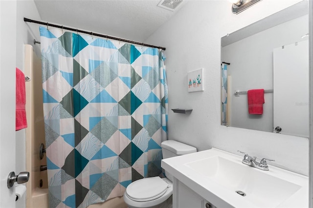 bathroom with visible vents, shower / bathtub combination with curtain, toilet, vanity, and a textured ceiling