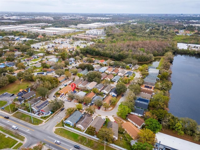 drone / aerial view featuring a water view