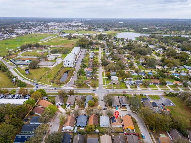 aerial view featuring a water view and a residential view