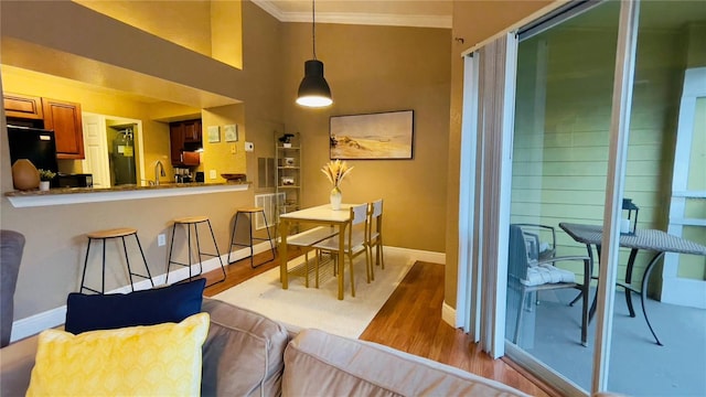 dining space with sink, ornamental molding, and light hardwood / wood-style floors