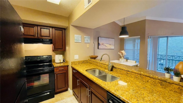 kitchen with light stone countertops, black appliances, decorative light fixtures, ornamental molding, and sink