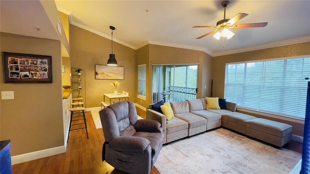 5017 City St Unit 1932, Orlando, FL 32839 - living room featuring wood finished floors, ceiling fan, lofted ceiling, and crown molding